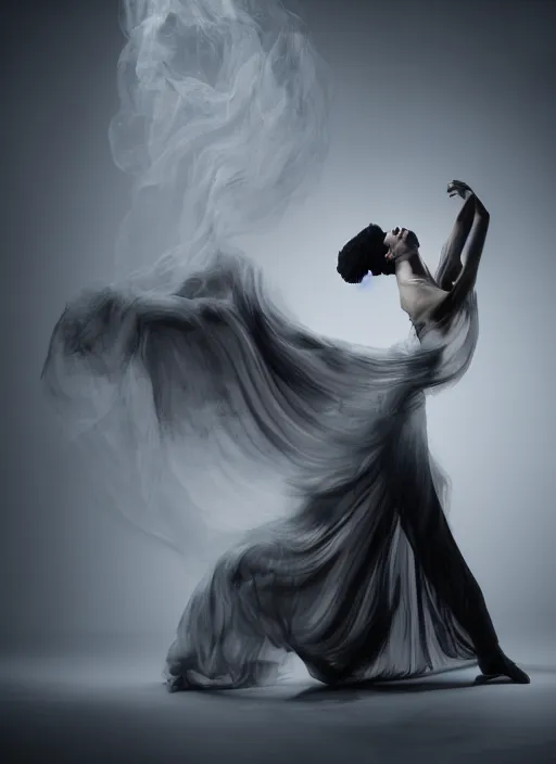 Image similar to a Photorealistic dramatic hyperrealistic render of a glamorous beautiful Female smoke dancer by Ken Brower and Deborah Ory of NYC Dance project,Lois Greenfield,Flowing cloth and smoke,Beautiful dynamic dramatic dark moody lighting,volumetric,shadows,cinematic atmosphere,Octane render,8K