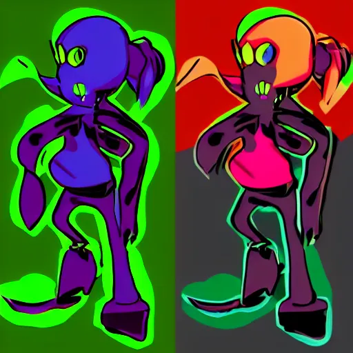 Prompt: character sheets for a new sinister shadowy vampire squid character, artwork in the style of splatoon from nintendo, art by tim schafer from double fine studios, edgy original character color palette from the early two thousands, black light, neon, spray paint, punk outfit, tall thin frame, adult character, fully clothed, vampire, colorful, pop art, official art