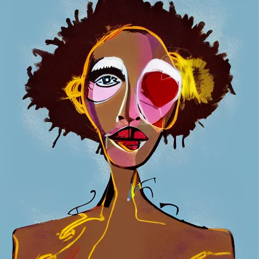 Prompt: sketch, vogue, happy, beautiful woman, she surprised, big beautiful eyes, surreal, in style of jean - michel basquiat, trending on artstation