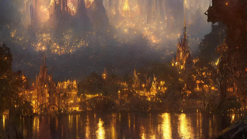 Prompt: a beautiful painting of rivendell, at night with a sky full of stars and fireworks, intricate, elegant, highly detailed, digital painting, artstation, concept art, by krenz cushart and artem demura and alphonse mucha