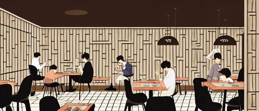 Image similar to a beautiful interior view illustration of a small roasted string hotpot restaurant in yan'an city, wall corner, restaurant wall paper is tower amd mountain, rectangle white porcelain table, people are eating, black chair, animation illustrative style, from china, simple style structure decoration design, victo ngai, james jean, 4 k hd