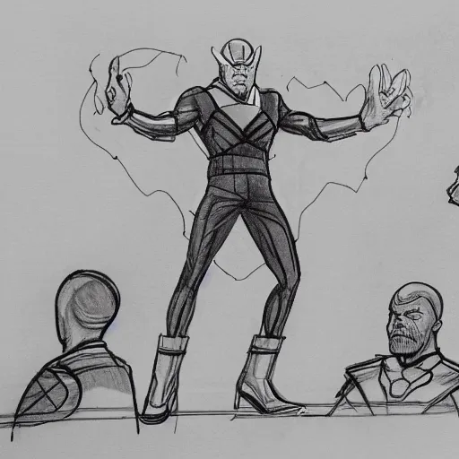 Prompt: court room sketch of thanos explaining his plans to the jury with a diagram of the infinity gauntlet.