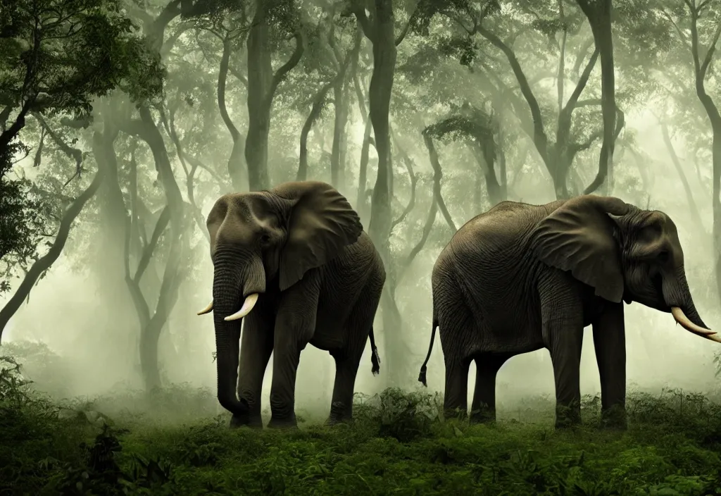 Image similar to an enormous elephant king, in a jungle with ominous light from above, ambient light, fog, river, very poetic