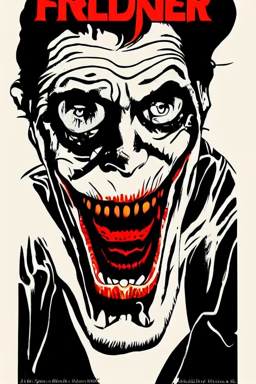 Image similar to Willem Dafoe as the Joker on a 1960s horror movie poster , vintage 60s print, detailed, scary, horrifying, screen print, trending on artstation