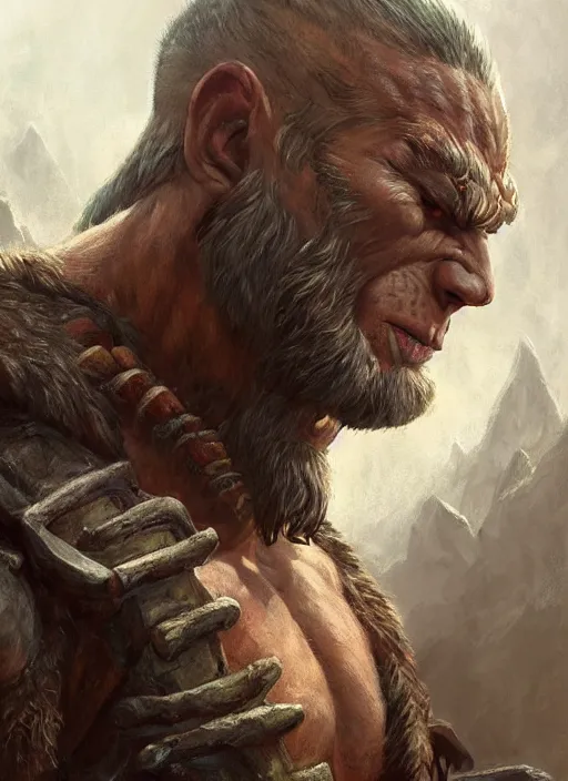 Image similar to realistic portrait painting of a male half - orc fantasy barbarian warrior, old mystic ruins, afternoon, intricate, elegant, highly detailed, digital painting, sharp, focus, by artgerm and greg rutkowski