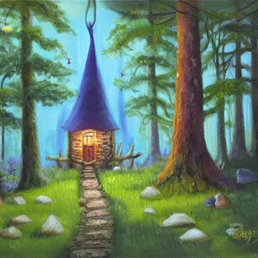 Image similar to elf magical forest wood cabin with a chimney, oil painting