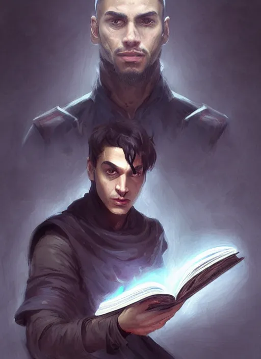 Image similar to character concept portrait of a handsome young twisted dark hispanic wizard with olive skin and glowing eyes casting a reanimation spell, a floating iridescent spell book in the center, intricate, elegant, digital painting, concept art, smooth, sharp focus, illustration, from Metal Gear, by Ruan Jia and Mandy Jurgens and William-Adolphe Bouguereau, Artgerm