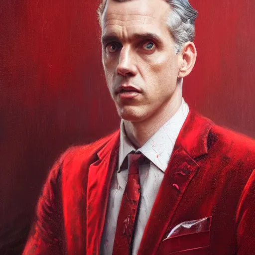 Prompt: painting of a Jordan Peterson, beautiful and detailed, he is wearing a crimson red velvet suit, oil painting, by Greg Rutkowski, trending on artstation