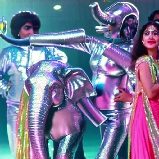 Image similar to 1 9 8 0 s bollywood movie, an elephant wearing a silver latex suit and an iridescent metal helmet surrounded by women dancing in colorful flowing intricate dresses on a tropical alien planet