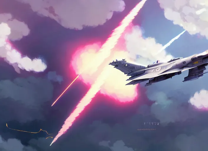 Prompt: portrait of figther jet evading, smoky sky background, lush landscape, illustration concept art anime key visual trending pixiv fanbox by wlop and greg rutkowski and makoto shinkai and studio ghibli and kyoto animation, us airforce, f 1 6, symmetrical wings, chaff and flare lights, missiles trails