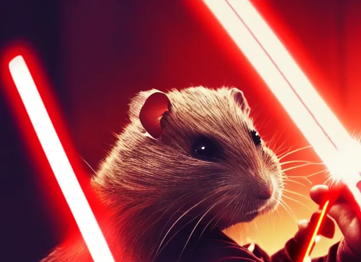 Image similar to movie still, star wars, hamster wielding a lightsaber, cinematic, sharp focus, cinematic lighting, 8 k