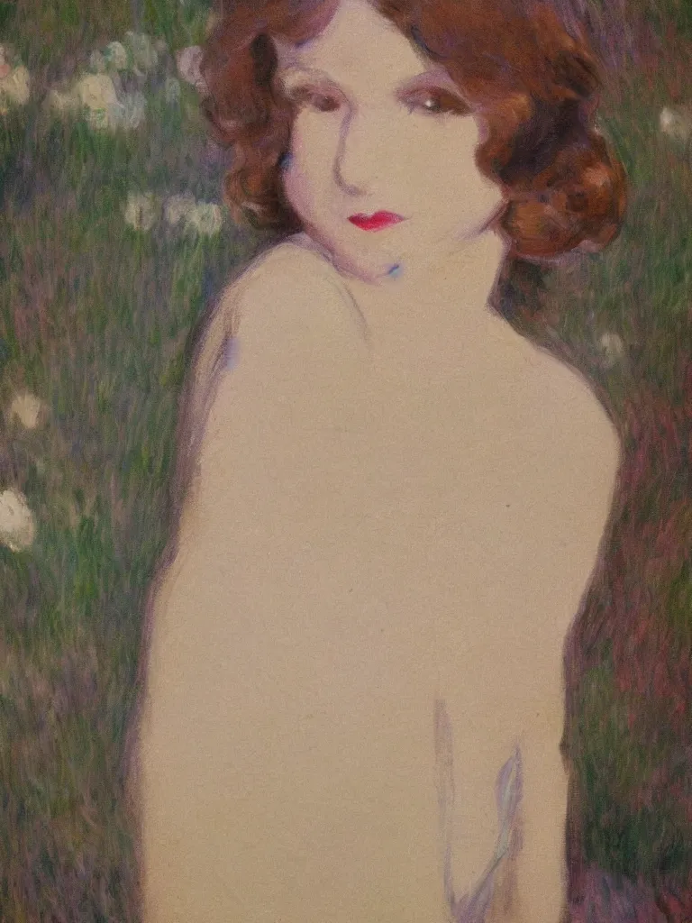 Image similar to portrait of < zelda fitzgerald > as a beautiful young lady wearing 1 9 2 0 s fashion, blurry face, brown hair, slim, fair, severe out of focus, depth of field, pleinairism, in the sun, backlit, closeup, oil on canvas, atr by monet, in the style of le promenade, smooth, impressionnisme, 8 k