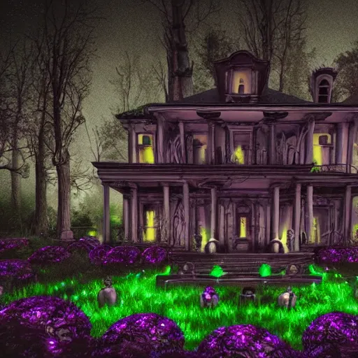 Image similar to Haunted Mansion in a dark forest dead trees moon lit sky spooky depth of field cinematic view Vray 8K HDR Vines Tombstones architecture garden with roses windows glowing purple eerie render