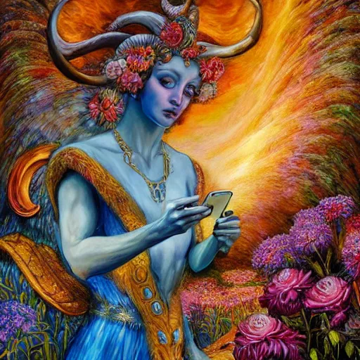 Image similar to painting by senior concept artist josephine wall, goddess with horns of a ram checking her cell phone, erupting volcano in distance, sunset, flowers in foreground, zodiac, fantasy, acrylic on canvas, intricately detailed, highly detailed, high resolution, hdr, 8 k, by senior concept artist, trending on artstation