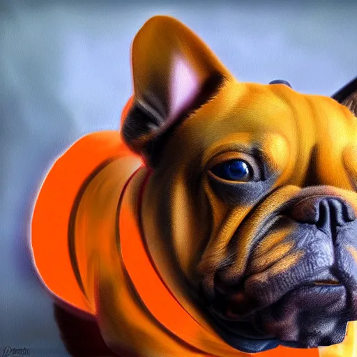 Prompt: a robotic orange French bulldog, digital Art