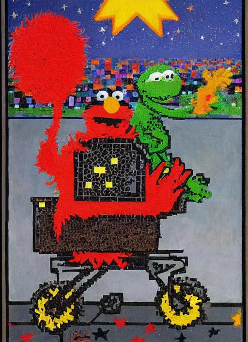 Prompt: realistic detailed pixel art decollage, trash can toter as tarot card fool with sesame street elmo and kermit muppet knight on a horse in a dark red cloudy night sky background and golden foil jewish stars painted by piet mondrian, francis bacon, hilma af klint and leonora carrington, highly detailed, oil glaze, sfumato, 8k cinematic, very coherent symmetrical artwork, cinematic, hyper realism, high detail, 8k, masterpiece