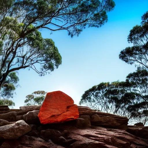 Prompt: Beautiful photo of a rock in an Australian forest, cut out of a quarry, blue sky, trees in the background, wallpaper, 4k, short exposure