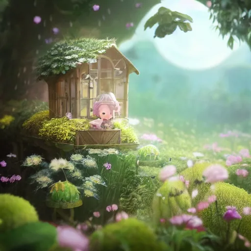 Image similar to a tiny cute fairy in a flower house, beautiful face, large eyes, cute, adorable, volumetric light, octane render, studio ghibli, trending on artstation