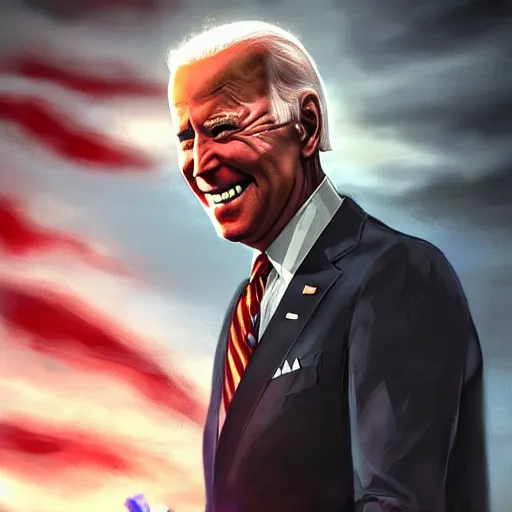 Image similar to joe biden smiling with blood in his face while behind him the world is burning, dramatic lighting, cinematic, establishing shot, extremly high detail, photorealistic, cinematic lighting, artstation, style by James Gurney