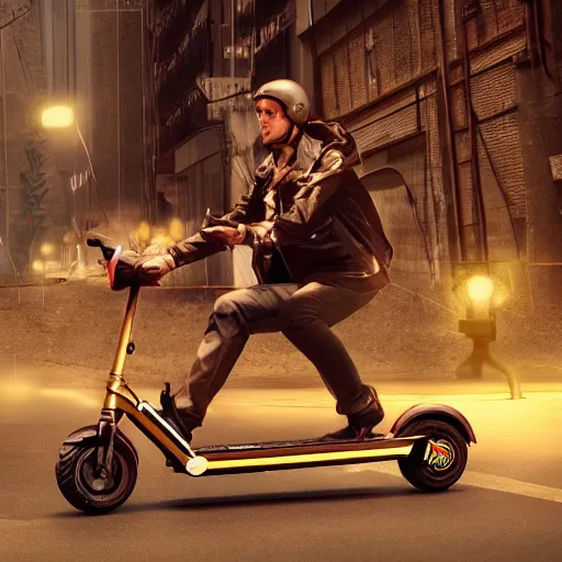 Prompt: Vladimir Mayakovsky rides an electric scooter , dramatic lighting, CGsociety, hypermaximalist, golden ratio, environmental key art, octane render, weta digital, micro details, 3d sculpture, structure, ray trace 8k