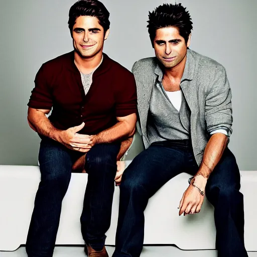 Image similar to portrait of zac efron and john stamos as father and son, vogue magazine, dramatic light, photoshoot, face photo,