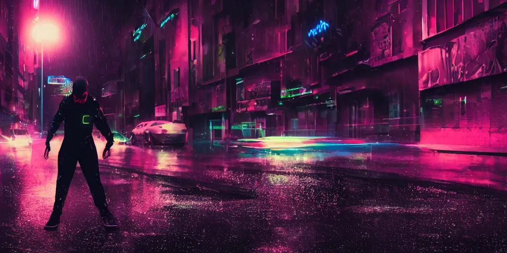 Image similar to slow motion film still of futuristic break dancer wearing dark suit with neon lights, long exposure shot , at night in the middle of a rainy street, paddle of water, water splashes, rim lights, glossy reflections, octane render, detailed and soft, by laurie greasley