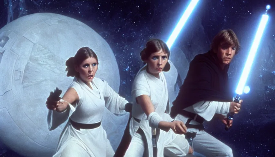 Image similar to screenshot portrait of Luke Skywalker and Princess Leia, with the lightsabers ignited, facing off against an incredibly haunting female sith lord in white, on a planet of maelstrom, chaos, the world of darkness, 1970s thriller film by Stanley Kubrick, iconic scene, HR Geiger design, stunning cinematography, hyper-detailed, sharp, anamorphic lenses, kodak color stock, 4k, stunning