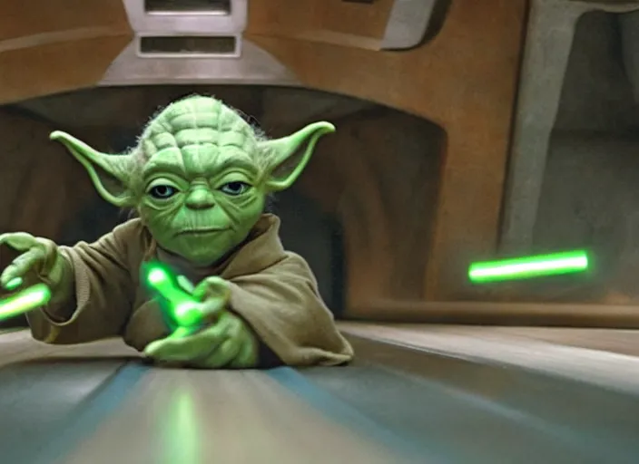 Image similar to film still of yoda uses the force to roll a bowling bowl down a lane in a bowling alley in the new Star Wars movie, 4k