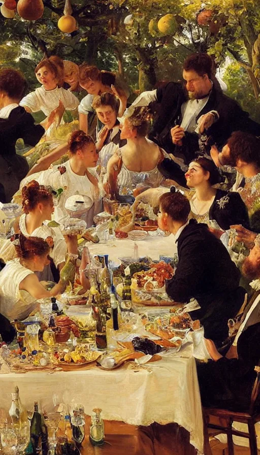 Image similar to still life painting of no-gravity midsummer party, by Peder Krøyer, golden hour, dramatic lighting, epic, gargantuan, intricate detail, canvas print