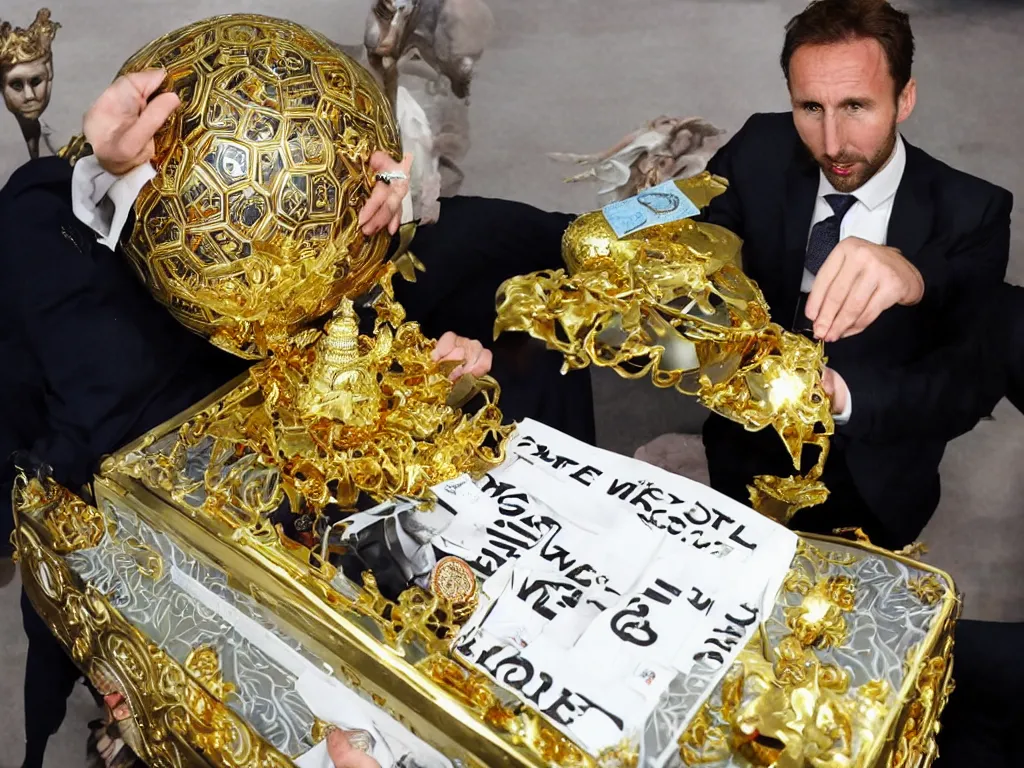 Prompt: a solemn perfect photograph of gareth southgate placing a soccer ball into an intricate gold coffin decorated with hate mail.