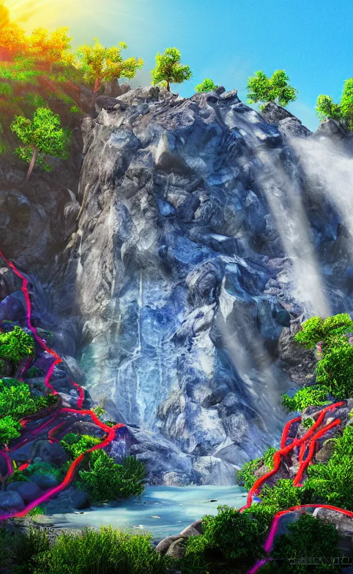 Prompt: looking up to a large rock mountain with a water fall flowing down from the top, the sun is behind it, neon colors, # 8 k, concept art, ultra detailed, photo, award winning