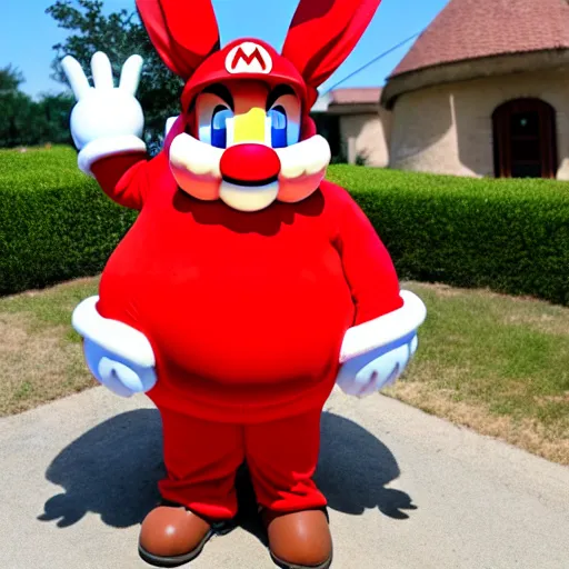 Prompt: real life big chungus dressed like mario, super mario with bunny ears, big chungus mario, fat bugs bunny, high resolution photo