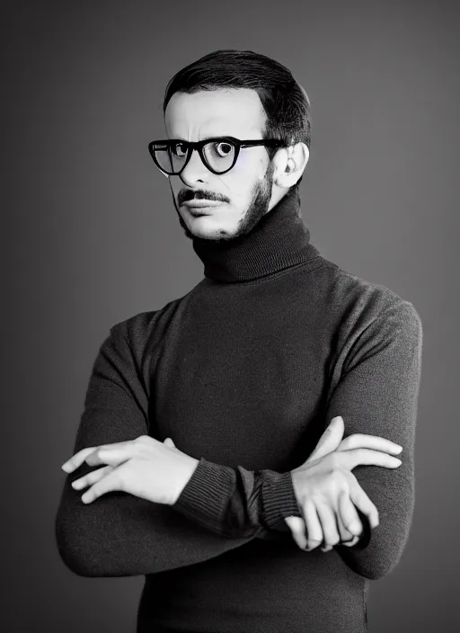 Prompt: black and white, studio photograph of a male italian artist wearing glasses sitting on a stool wearing a turtleneck, anxiety and depression, intricate, elegant, highly detailed, hyper realistic, dark background, flickr, smooth, sharp focus, shot by canon