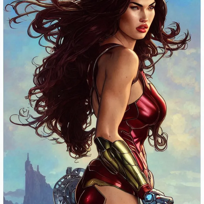 Prompt: megan fox as female ironman by artgerm, greg rutkowski, alphonse mucha