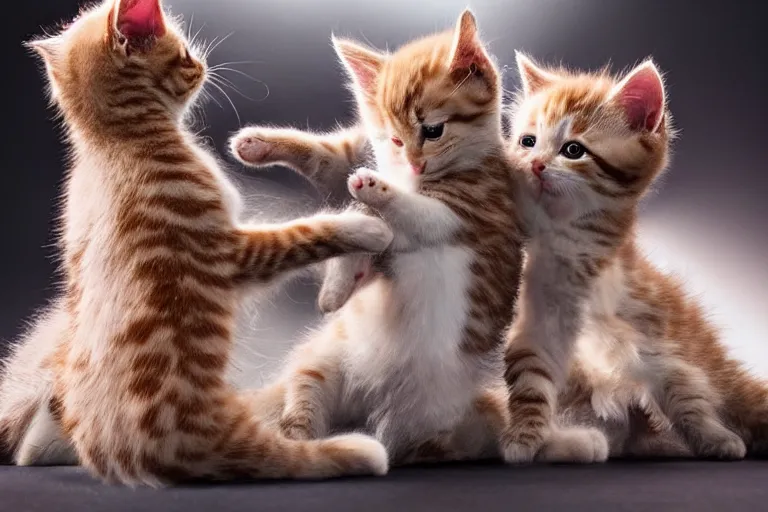 Prompt: A professional photo of two kittens play-fighting each other; high-quality, dramatic lighting, extremely high detail, trending on artstation