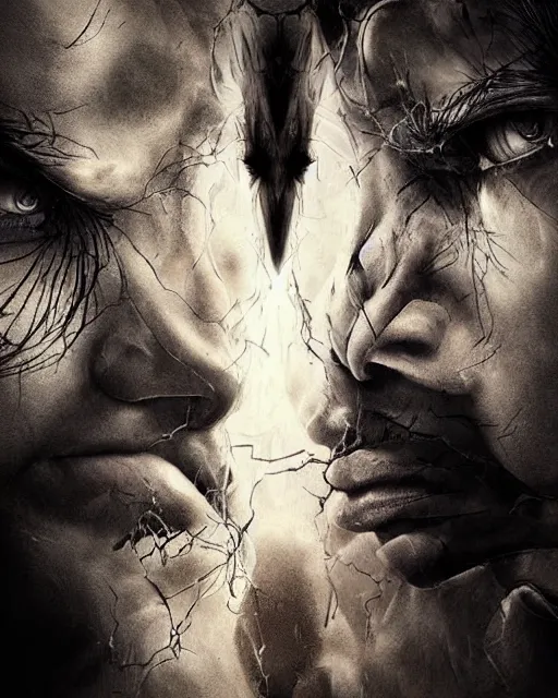 Prompt: epic art poster angel vs demon split face. close up extremely detailed trending on artstation award - winning art