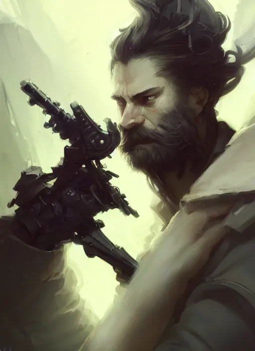 Image similar to low angle picture of a weapon master, holding a ego weapons to the camera, long black jacket, neat white beard and hair, scar on the eye, bored, tired, ego weapons all over the floors, smoking with squat down pose, highly detailed face, deep eyes, intricate, masterpiece, fantasy illustrations by peter mohrbacher and anato finnstark and jeremy lipking