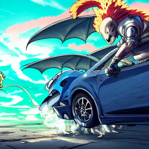 Prompt: dragon spits fire on a blue knight in a green hatchback car, close up, anime, desert landscape, greg rutkowski, Murata, one punch man manga,