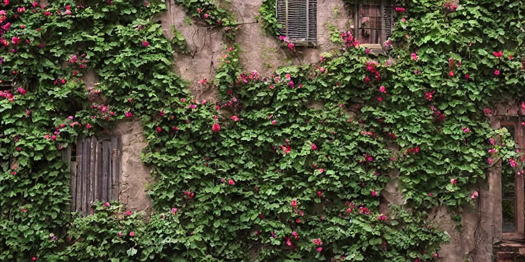 Prompt: cottage wall, outside garden courtyard with vines and ivy growing up the wall, beautiful roses, flowers, unreal, fantasy, intricate, elegant, dramatic, highly detailed, photorealistic, digital painting, painterly, artstation, concept art, smooth, sharp focus, art by john collier and krenz cushart and artem demura and albert aublet