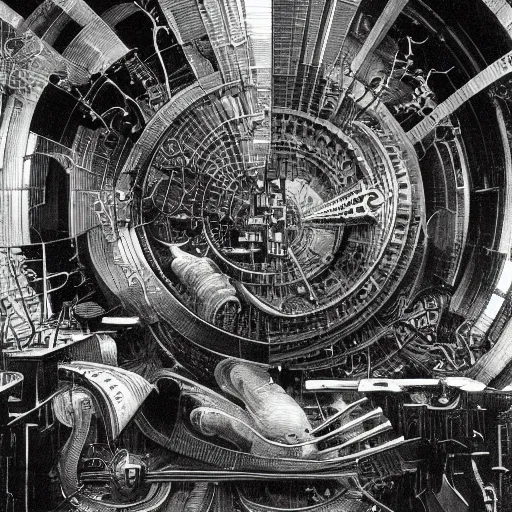 Prompt: we are all just a part of the incomprehensible mechanism of the universe. day after day we turn like gears, setting in motion phenomena and forces that we are not able to understand, retrofuturism, dore, giger