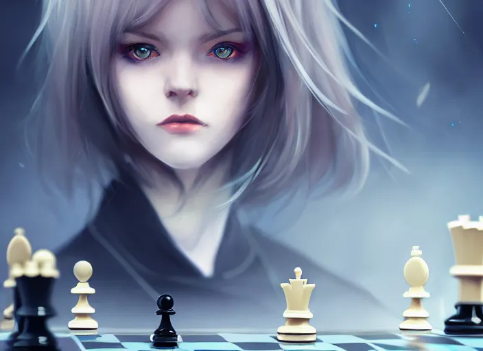 Prompt: a pale girl playing chess, with golden eyes, straight sky blue hair, long bangs, black jacket, high collar, concept art, award winning photography, digital painting, cinematic, by wlop, anime key visual, wlop, 8 k, by ross tran, chengwei pan, paul kwon,