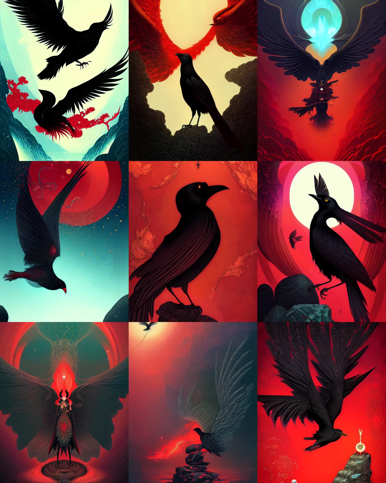 Prompt: beautiful digital fantasy illustration of a black bird with a red background, poster art by victo ngai, behance contest winner, vanitas, wiccan, tarot card, angel sitting on a rock, abyssal warmth, an ultrafine detailed painting by peter mohrbacher, high detail texture, unreal engine, 8 k, photographic quality, ultra hyper realistic quality