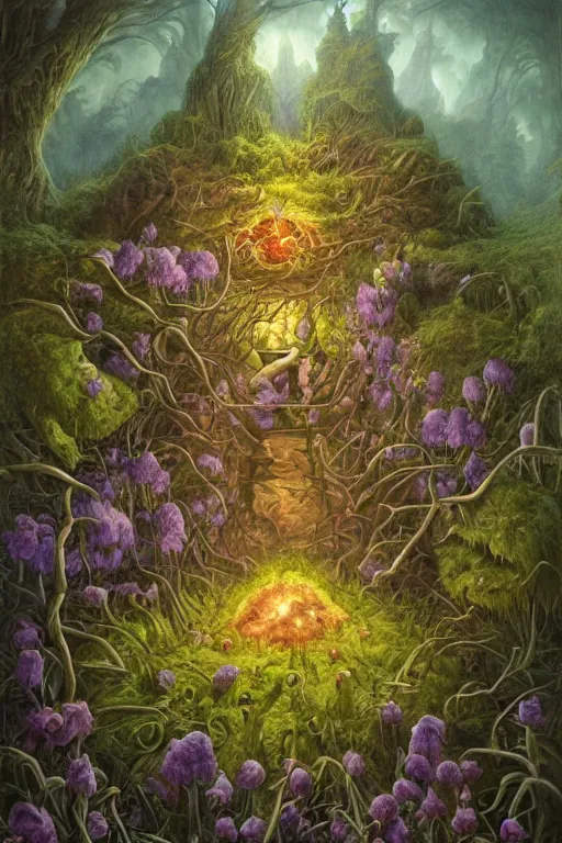 Prompt: the onions of the forest heath,art by Rodney Matthews,trending on artstation, toxic lighting high angle view,film poster,world of warcraft ,hyperrealism ,impressionism ,final,