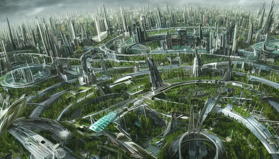 Image similar to futuristic city with huge green roundabout, trees around it, buildings, stadium, crowded streets, hyperdetailed, artstation, cgsociety, 8 k