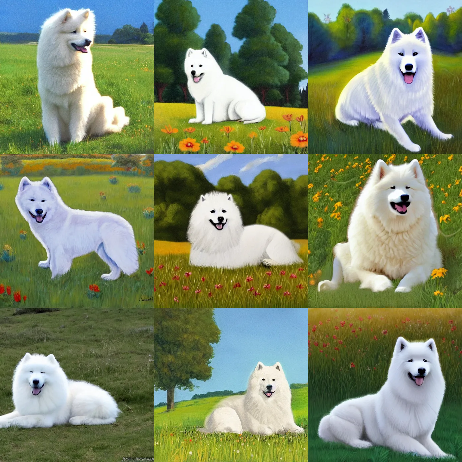 Prompt: a samoyed dog sitting in the middle of sunny meadow, by John Romita Sr.
