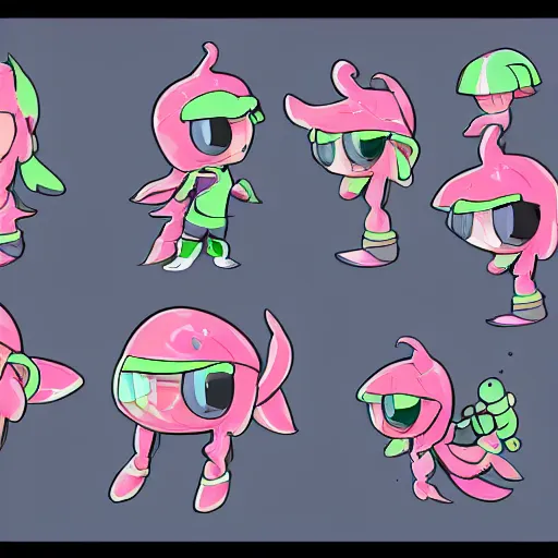 Image similar to Splatoon character concept art, colored lineart, character reference sheet