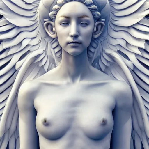 Image similar to a statue made of white marble with gold veins, of an beautiful angel girl, perfect symmetrical body, perfect symmetrical face, no eyes, hyper realistic, hyper detailed, fujicolor superia 1 6 0 0 photo, full body shot, by peter kemp, by monia merlo octane render, blender, 8 k