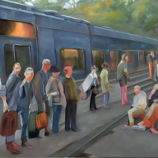 Image similar to A beautiful sculpture of a group of people waiting at a railway station. The people in the artwork are all waiting for a train that is about to arrive. Dexter's Lab by Alyssa Monks fine, calm