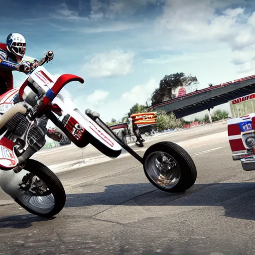 Prompt: evel knievel jumping over vehicles on harley davison 3 d studiomax, maya 3 d, unrealengine, 4 k, 8 k, hdr, extreme render, mind - bending reality, hyper detailed, wide angle ultra - vivid, photo - realistic nikon 3 5 mm, photograph