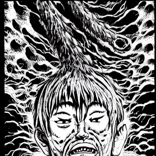 Prompt: Artwork by Junji Ito of The Chitine King Hian the Demigod, master of Ice, and their hateful haunting of steam mephits and horrifying balors, who plan to take revenge on the party for a perceived wrong done to them long ago.
